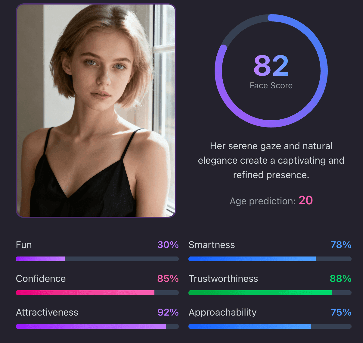 AI age analysis example - Man with facial recognition showing estimated age and attractiveness score